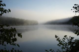 Lake Cochichewick on a foggy morning, lake surface reflecting surrounding woods and sky